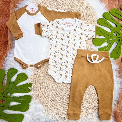 CONJ. DE MALHA 3 PEÇAS - Baby Raposinhas - Caramelo e Off White